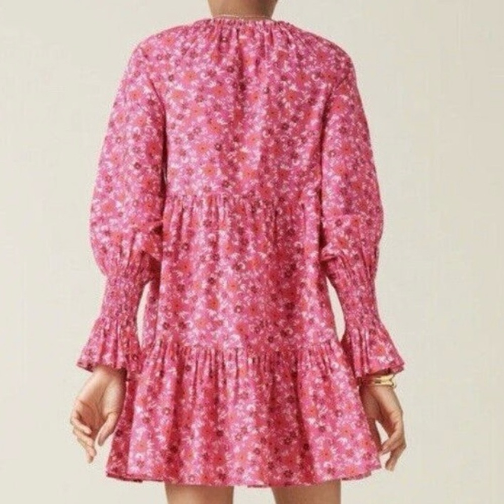 FIGUE Bella French Pink Floral Print Tiered Cotton Mini Baby Doll Dress - Picture 6 of 16